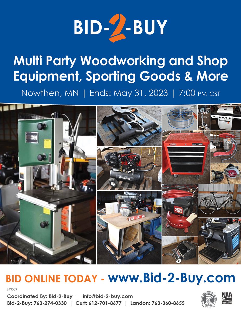 ⏰ Auction Ending Tonight! ⏰

Multi Party Woodworking and Shop Equipment, Sporting Goods & More
bid-2-buy.com/auctions/detai…

#weareauctions #naapro #auctionswork #auctions