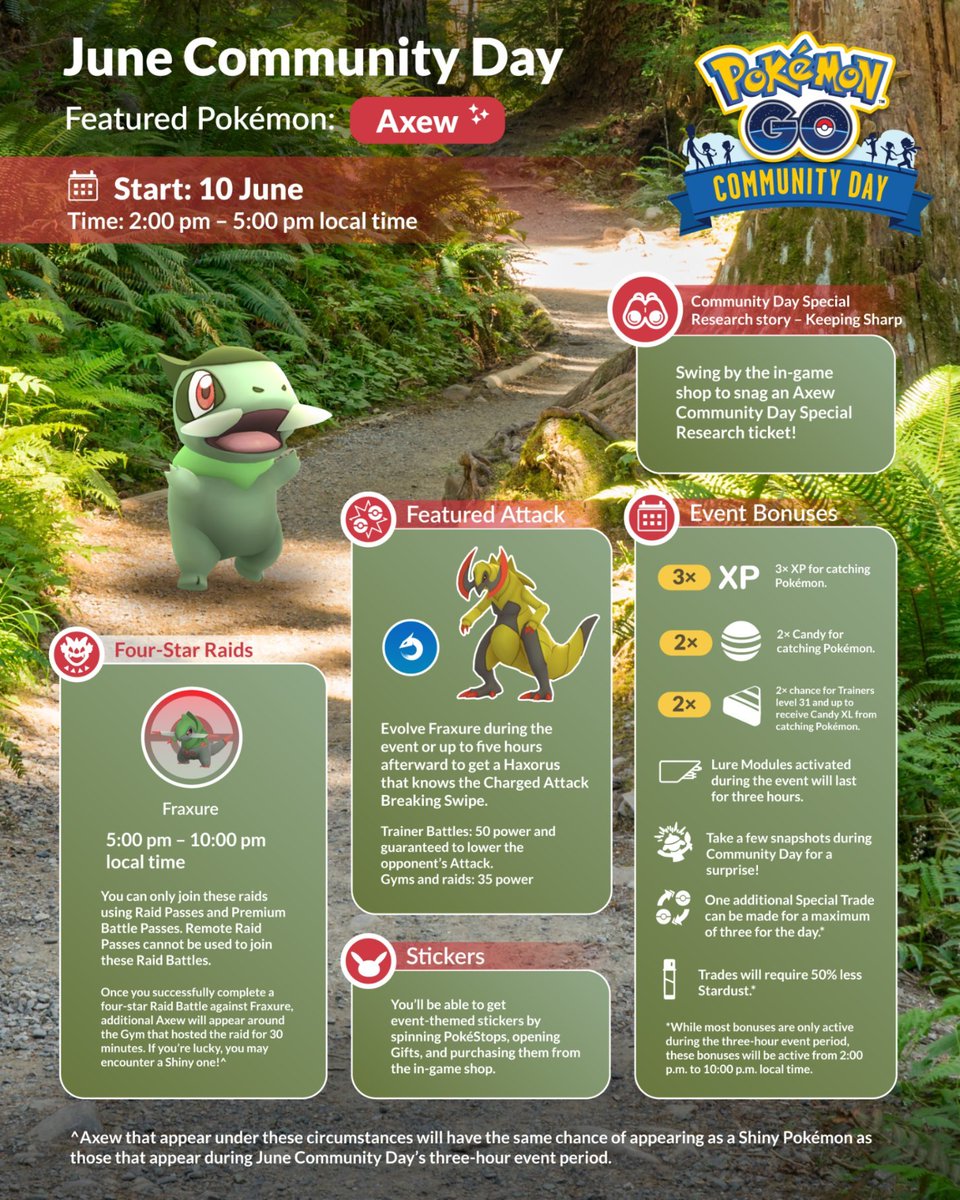 SerebiiNet's tweet photo. Serebii Update: The Pokémon GO Community Day on June 10th 2023 will focus on Axew. Runs from 2pm to 5pm local time
Details being added @ https://t.co/gDbXkHSvkT https://t.co/ILerMr24cy