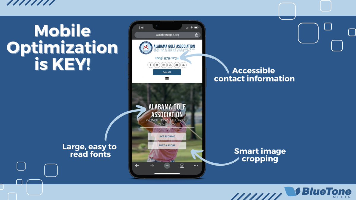 BlueToneMedia03's tweet photo. 📲✨ Unlock an exceptional customer experience and boost conversions with a mobile-friendly website. Check out Alabama Golf Association's optimized site—loved by users! Discover more web design trends on our blog. 👉 https://t.co/m0YEMSCW0P #WebDesign #UserExperience #UX #BTM https://t.co/CpjHwgmROJ