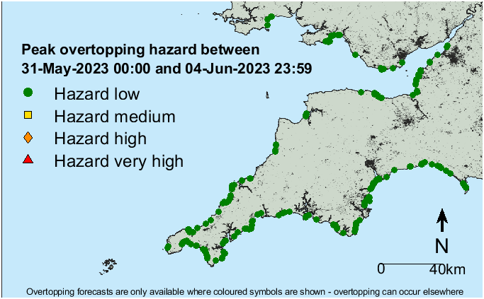 No coastal overtopping is forecasted in southwest England in the next five days. To sign up for more detailed coastal hazard forecasts, please visit channelcoast.org/ccoresources/s…
