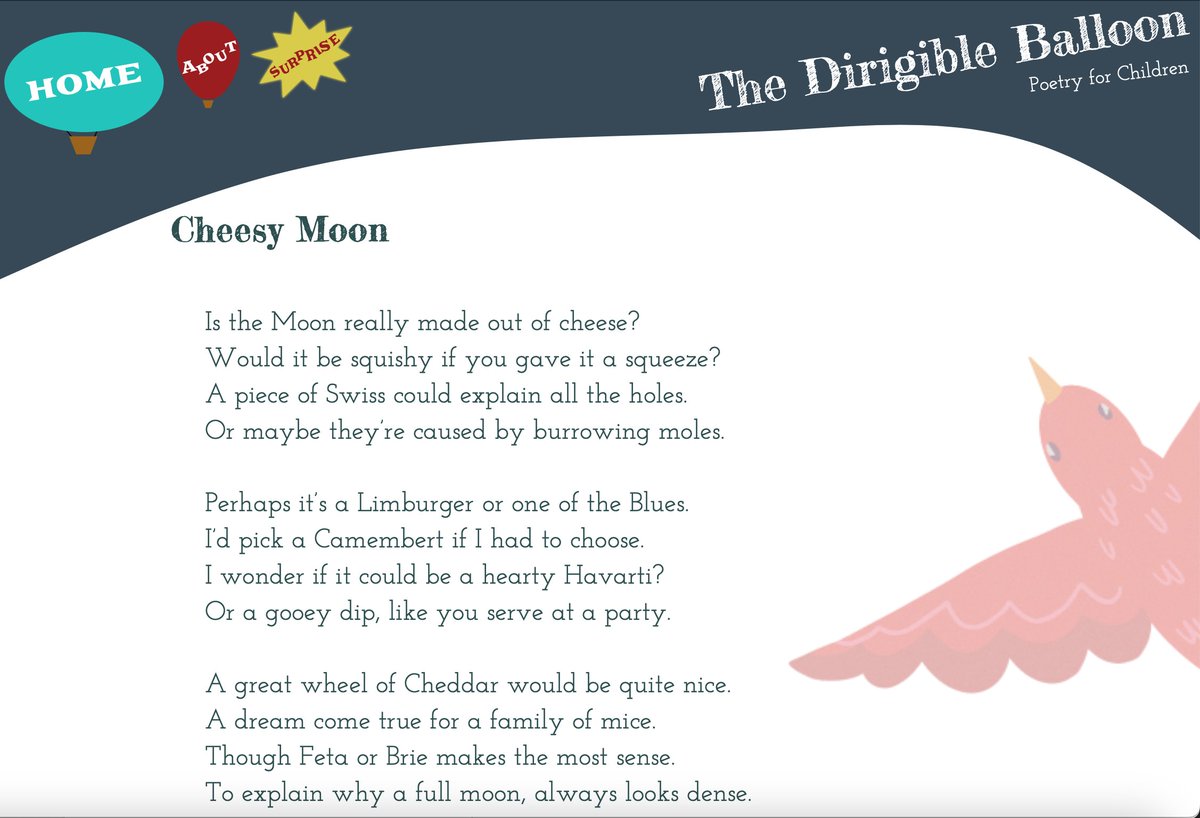 Head on over to the @TheDirigible Balloon to see the latest poems- the lovely @JonathanHumble has launched into the atmosphere!
Including this cheesy little number of mine. 

#poetryforall #poetryplayground #kidlit #literacy #cheese #moon