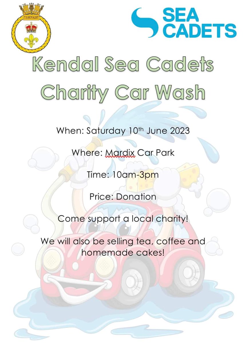 Fancy having your car washed while also helping out a local charity? 
Why not pop down to Madix Car Park on Saturday 10th June and help Kendal Sea Cadets! We will be selling tea, coffee and cakes so you can have a chat while you wait! We look forward to seeing you all!🎉🚗🧽