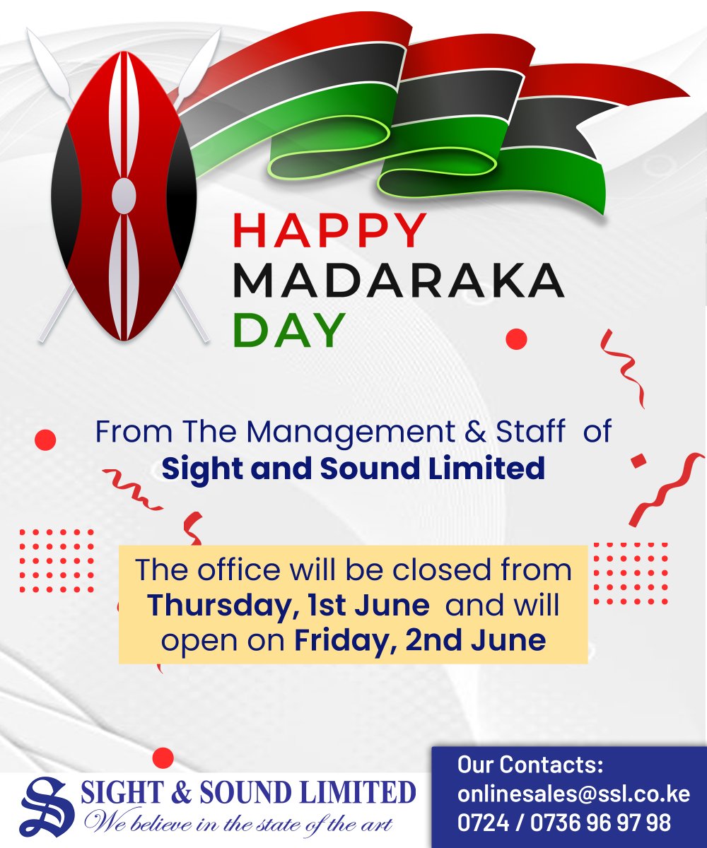 SightSoundKE's tweet photo. Happy Madaraka Day From Sight &amp; Sound Ltd.
#1stJune #MadarakaDay https://t.co/QvAElmsYcI