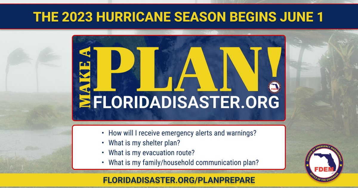 FLSERT's tweet photo. 🗓️ The official start of the 2023 hurricane season is tomorrow. Do you have your plan in place?

Take time now to finalize your hurricane prep &amp; know the steps to take should a storm threaten your community. ⬇️

➡️ Learn more: https://t.co/h8paBLw5Cg https://t.co/wAWkCBkjVg