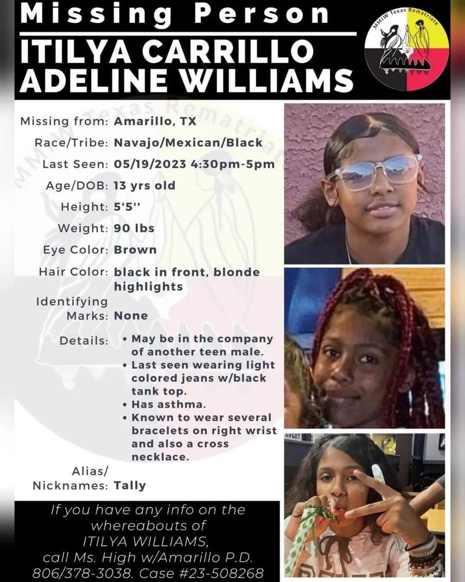 13-year-old Itilya “Tally” Williams has been missing since May 19th out of Amarillo Texas. She left a note for her parents saying she was going to a birthday party and would be home the same night but never returned. Her family is worried sick. #MissingChildAlert #Amarillo #Texas