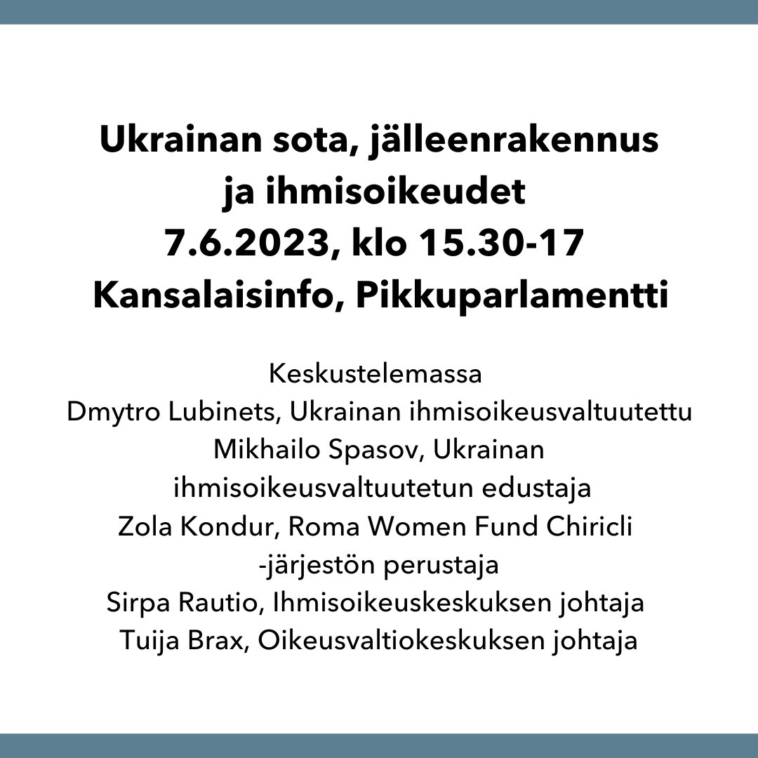 Miten ihmisoikeuksia ja oikeusvaltiota voidaan tukea Ukrainassa? Ukrainan oikeusasiamies <a href="/lubinetzs/">Dmytro Lubinets</a> saapuu Suomeen keskustelemaan tästä teemasta Kansalaisinfoon 7.6.

Ilmoittaudu mukaan: ihmisoikeuskeskus.fi/uutiset/ukrain…

Tilaisuuden järjestävät <a href="/FIN_NHRI/">Ihmisoikeuskeskus</a> <a href="/HDLsaatio/">Diakonissalaitos</a> <a href="/ruleoflawcentre/">Rule of Law Centre</a>