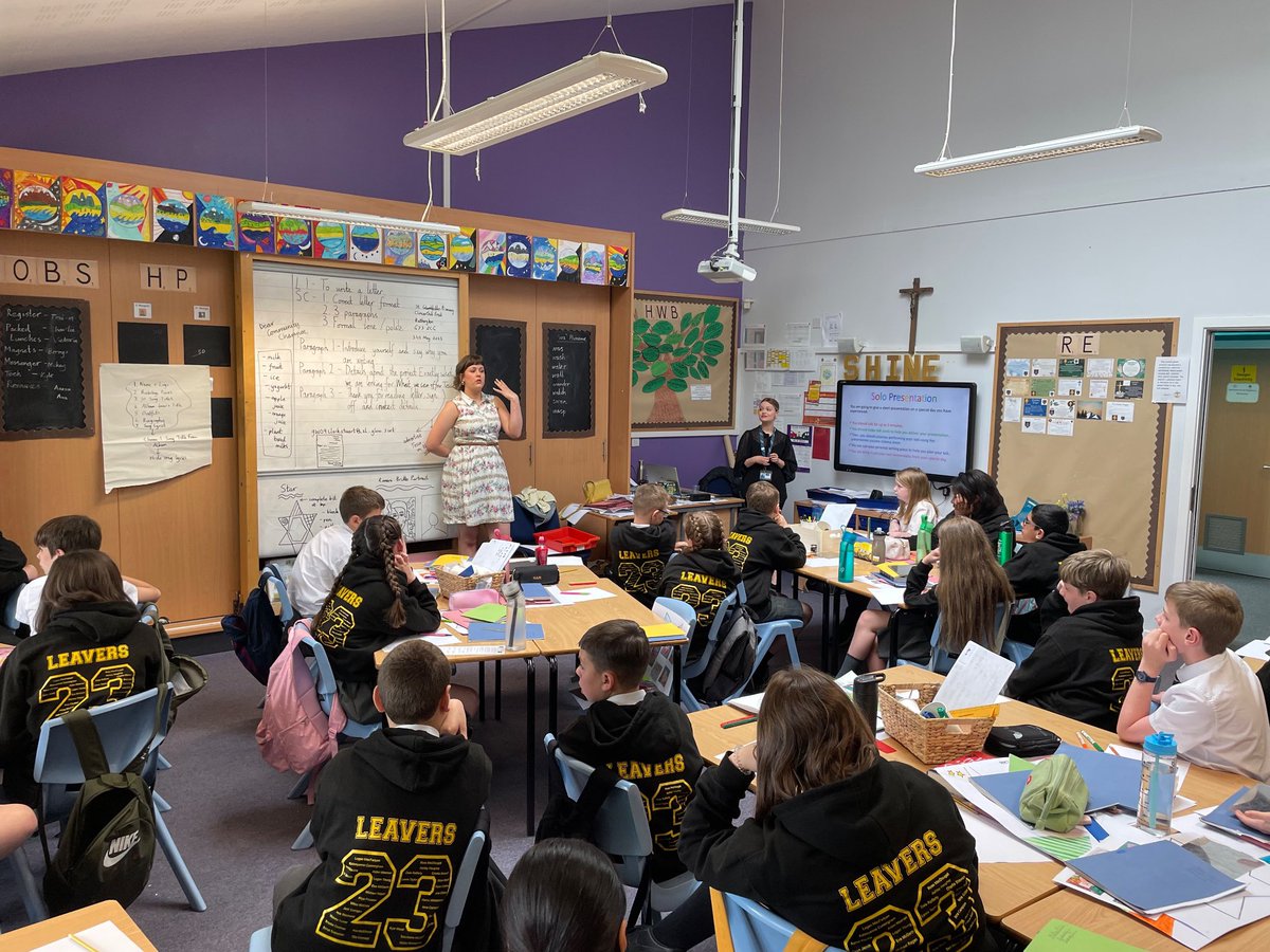SL_THS_English's tweet photo. All of our English teachers had great fun today visiting our associate primaries to deliver Literacy sessions on presentation skills. Ms Milliken and Ms McCabe especially loved the enthusiasm of @StColumbkilles P7s -  such a lovely group of young people! #slcabc 📚✨ https://t.co/4404oAvfQa