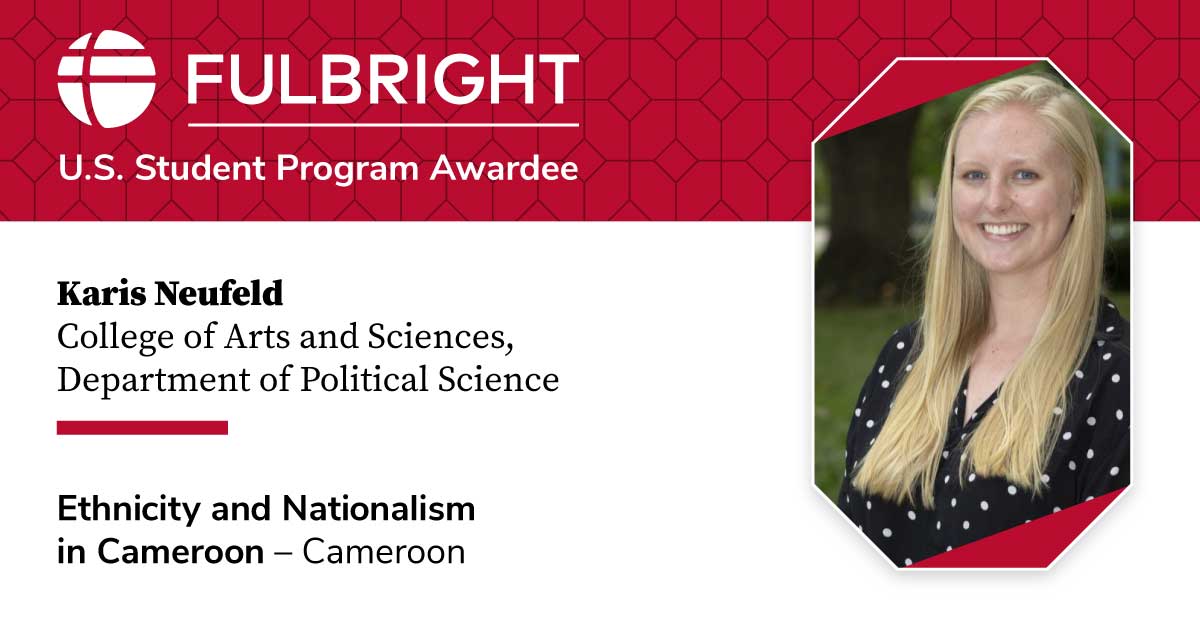 A PhD student in @osupolisci, Karis Neufeld was awarded a 2023-24 Fulbright U.S. Student Program research award to examine national identification and ethnic group membership among Cameroonian citizens. #Fulbright #ASCintheField @FulbrightPrgrm @ASCatOSU oia.osu.edu/news/six-gradu…