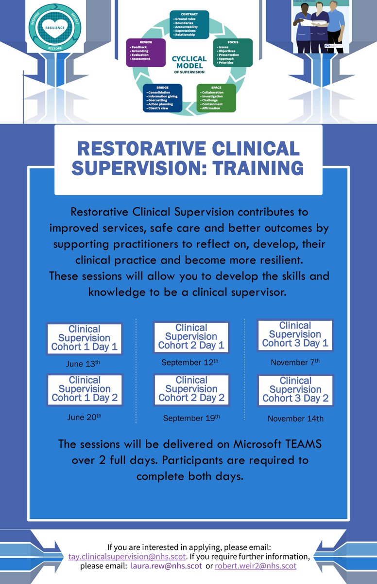 NHST_PPD's tweet image. We're running 3 cohorts of Restorative Clinical Supervision Training in 2023. This 2 day course aims to support the development of practitioners in clinical practice. See flyer for more information. Spaces available on cohorts 2&amp;amp;3. Please contact tay.clinicalsupervision@nhs.scot