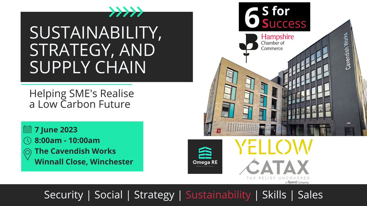 Sustainability, Strategy and your Supply Chain. A free event where 4 speakers will provide advice, guidance &amp; solutions for SMEs aiming for net zero. 
Hosts - Omega RE &amp; Hampshire Chamber. Cavendish Works, Winnall Close Winchester SO23 0LB- Wed June 7th.  shorturl.at/wzER8