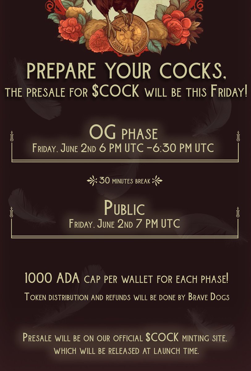 Presale date is official 🐓

Stay tuned for airdrop info and other surprises coming tonight.  🔔
We think you're gonna love what $COCK has in store for you. 

Are you getting hard $COCKs?