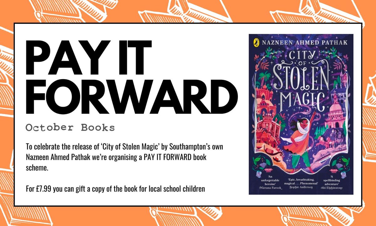 🚨 BIG NEWS!

To celebrate the release of ‘City of Stolen Magic’ by Southampton’s own @nazneen372 and published by @PuffinBooks we’re organising a PAY IT FORWARD book scheme to gift the book to local school children 🌟

 📚 Get involved here buff.ly/3oBhg45