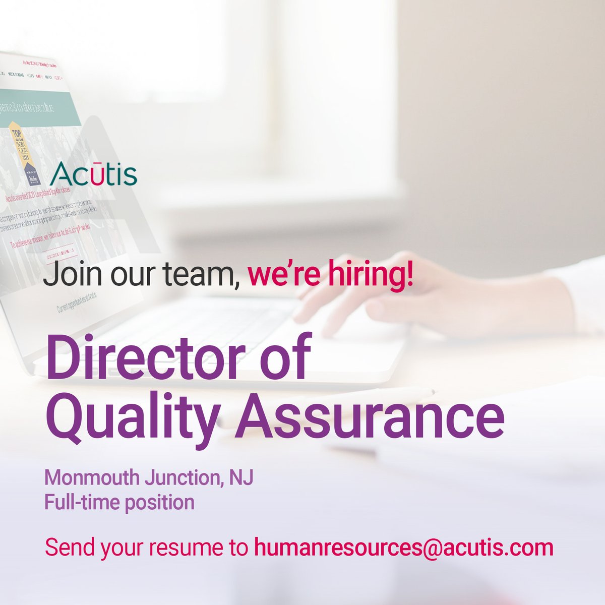 AcutisLab's tweet photo. We are seeking a Director of Quality Assurance (QA). Oversee a QA team &amp; work cooperatively. Complete description >> https://t.co/Cthq39Y9vj
 
#AcutisDiagnostics #Diagnostics #MedicalJob #MedicalLab #LabLife #Testing #LabTest #PCR #ClinicalLaboratory #ClinicalLab #QADirector https://t.co/Fre0lnZpY8