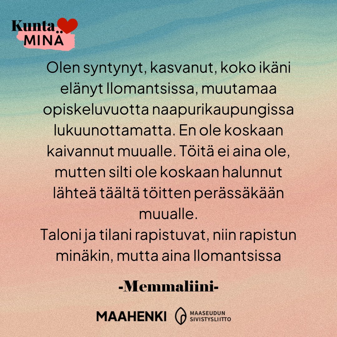 Maahenki's tweet photo. Memmaliinin juuret ovat olleet aina syvällä Ilomantsissa. 

Kerro sinäkin meille kotikuntasuhteestasi 👉https://t.co/GNECArH0Vm

#kuntajamina #kotikunta #teemavuosi #kotiseutu #ilomantsi https://t.co/pe9V3BH98I