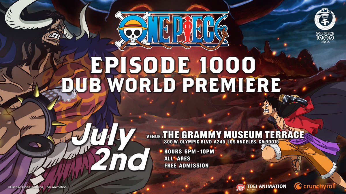 EVENT ANNOUNCEMENT: Get ready to celebrate the World Premiere English dub of the historic 1000th episode of #ONEPIECE live & in-person during Anime Expo 2023 in Los Angeles! 🏴‍☠️🙌

Featuring giveaways, autograph signings, a live drawing, and much more! Only on July 2nd. Free and…