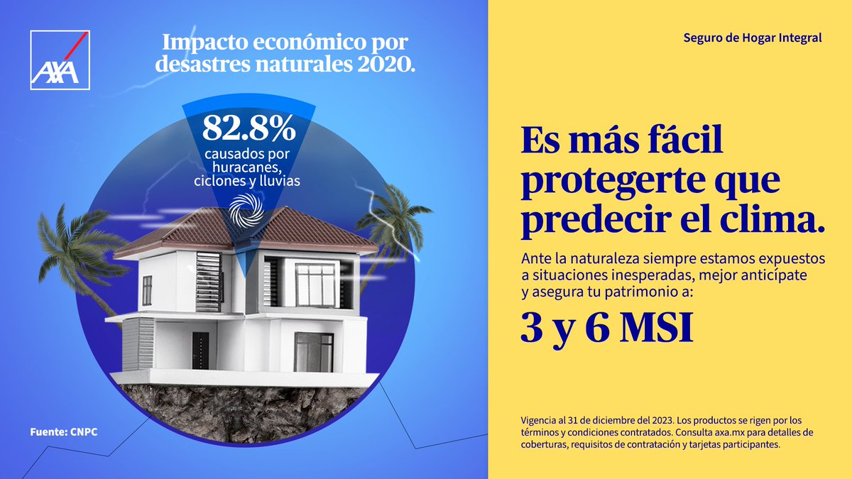 AXAMexico's tweet photo. Ante lluvias, huracanes y ciclones tu seguro de Hogar Integral es tu mejor aliado para asegurar tu patrimonio ante fenómenos naturales.
Para más información consulta a tu intermediario de seguros AXA o visita: https://t.co/DRs2O3qUfv.
#HogarIntegral #AXAMéxico https://t.co/lGGLiWPMp2