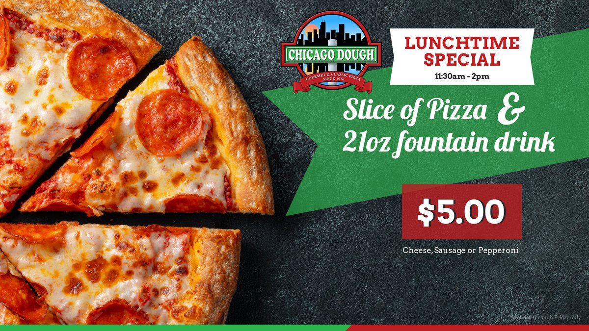 Don't waste a moment deciding what to snack on when you can savor a heavenly, steaming slice of pizza. Priced at only $5, our lunch special is an unbeatable offer that will keep both your stomach and wallet content!

#lunchspecials #chicagodough #pizzaforlunch #pizzalovers