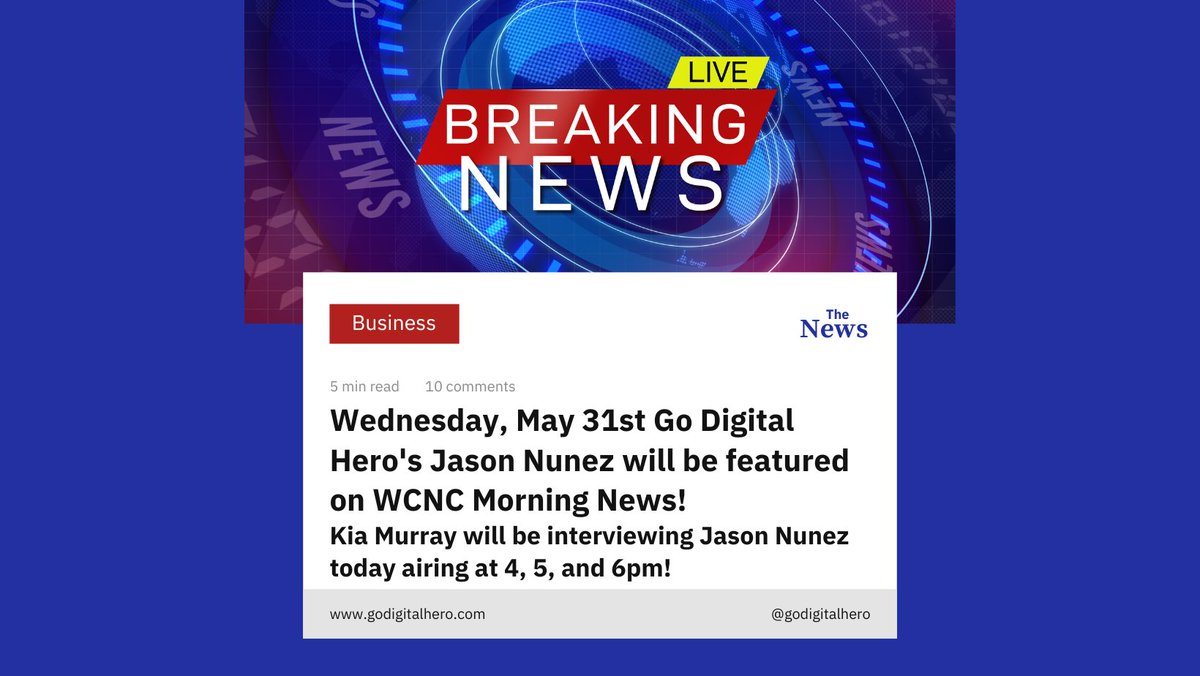 GoDigitalHero's tweet image. BREAKING NEWS! WCNC's Kia Murray will be interviewing Go Digital Hero's CEO, Jason Nunez, TODAY on WCNC TV at 4, 5, &amp;amp; 6! Tune in! #virtualassistant #Godigitalhero #minorityowned #virtual