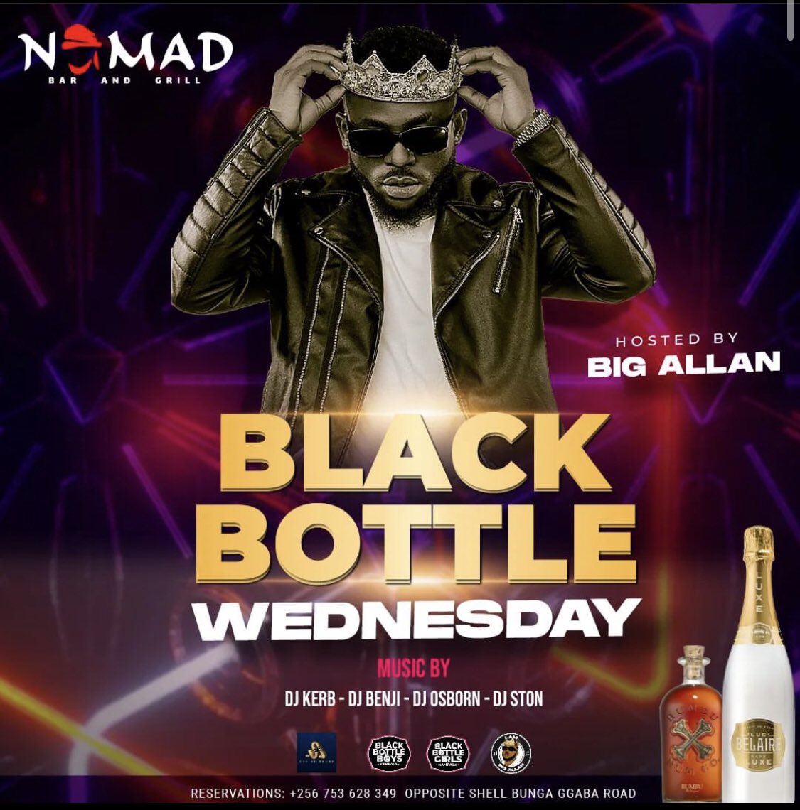NOMAD_KAMPALA's tweet photo. @iambigallan one of the youngest spinmasters gets to host you to the trendiest theme night in the city dubbed #BlackBottleWednesday 
@official_belaire_uganda is the drink of choice!🥂🍾 https://t.co/e22OHb2np2