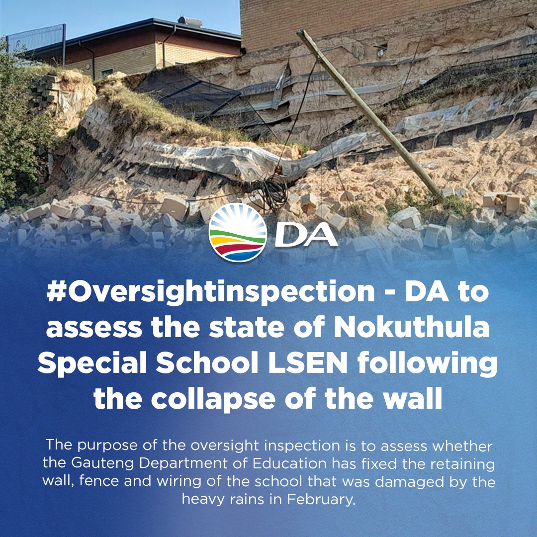 DA_GPL's tweet photo. 📢 News Alert! 🚨 Nokuthula Special School LSEN in crisis after wall collapse! The DA steps in for assessment.
#FixOurSchools #InfrastructureFailures #StudentSafety #Accountability #EducationMatters #CommunityEngagement #DAforBetterEducation
Read more: https://t.co/1qcOQpqSUX https://t.co/6pBA9eArjv