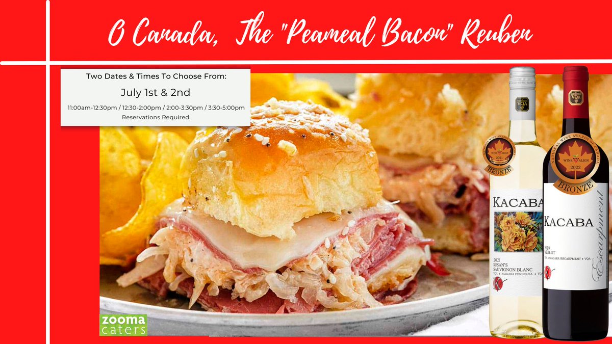 Our next event! O Canada, The 'Peameal Bacon' Reuben Food & Wine Pairing bit.ly/41GWsFH 

#VisitNiagara #TheBench #VQA #CraftWine #ZoomaCaters #LoveZoomaCaters #Merlot #SauvignonBlanc #FoodandWinePairing #FoodandWineEvent #OCanadaAtKacaba @WineCountryOnt @BenchlandsON