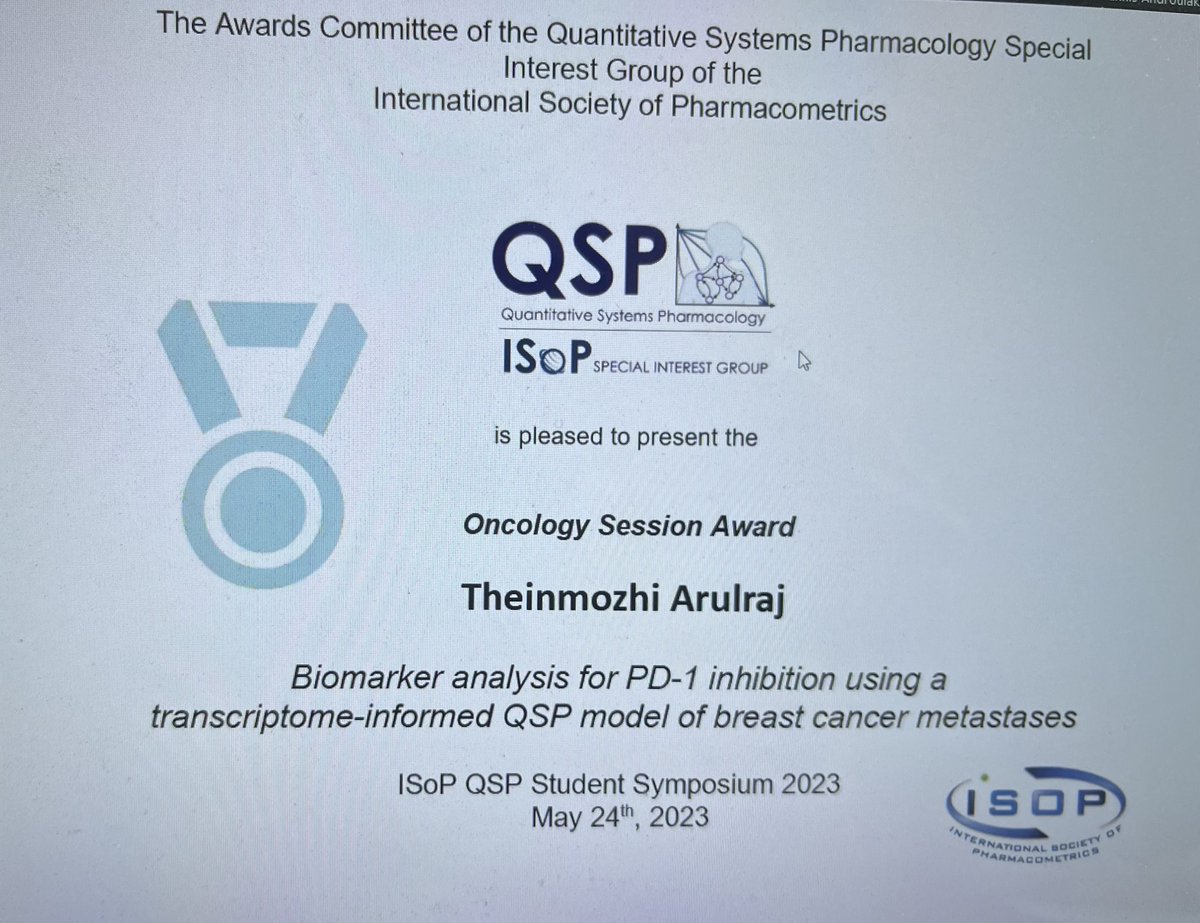 HopkinsPopelLab's tweet photo. Congratulations to Theinmozhi Arulraj! Her amazing work on omics-informed #QSP model of #breastcancer metastasis has won the Oncology Session Award at the @ISOP1 QSP Student Symposium 2023! https://t.co/ZwkXMT7NDT