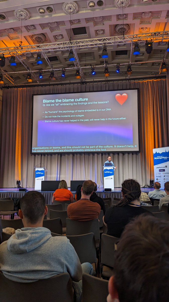 Great talk about what we can learn from incidents and how to better handle them on a high level (i.e. mindset, documentation)

This slide in particular about blame culture makes a great point I think.

Talk by <a href="/AhterSonmez/">Ahter Sönmez</a> #DjangoConEurope in #Edinburgh 

pretalx.com/djangocon-euro…