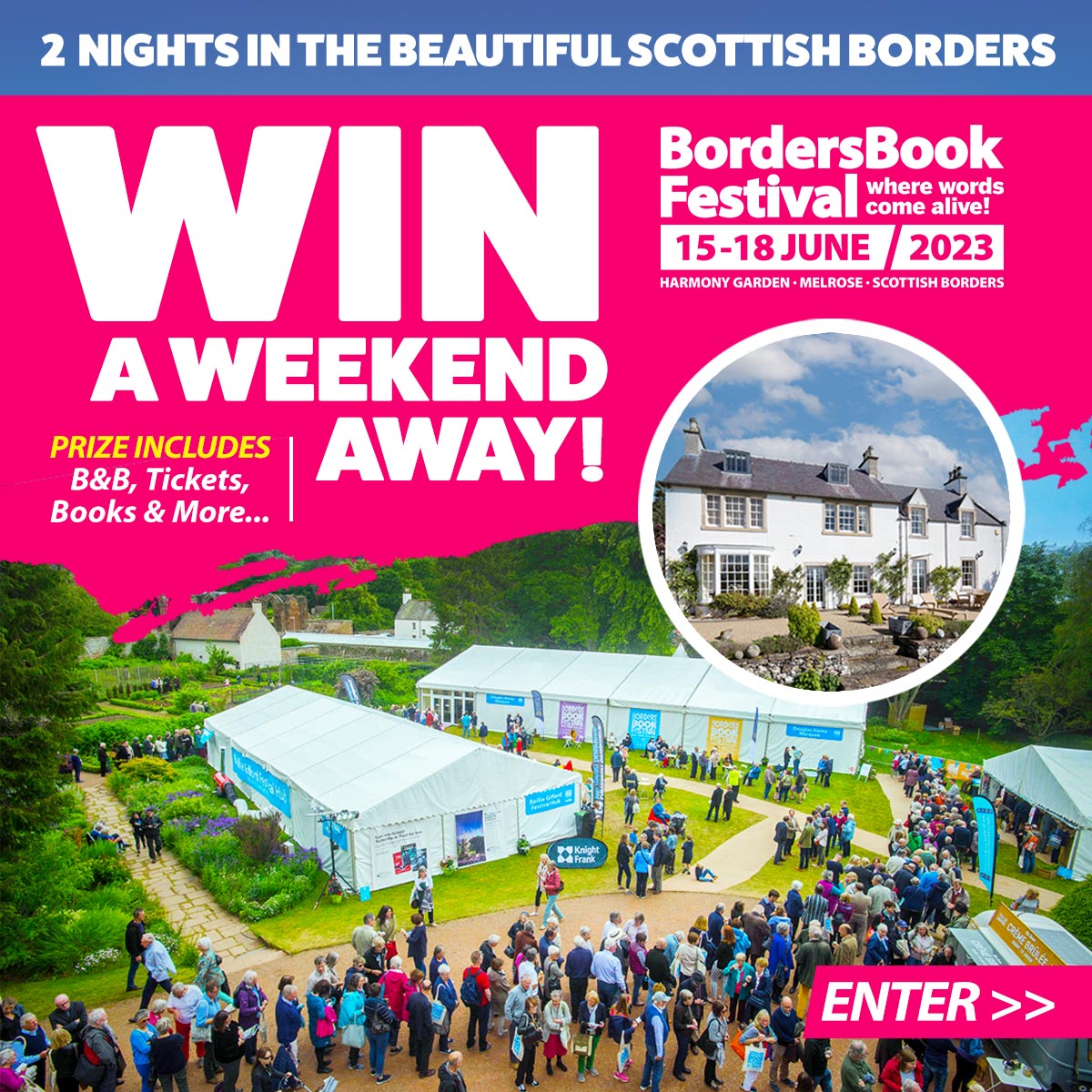 BordersBookFest's tweet image. A trip to the glorious countryside of Melrose, anyone? We’re an hour from Edinburgh and less than two from Glasgow, Berwick-upon-Tweed and others. Win tickets to festival events, loads of books, 2 nights in a B&amp;amp;B and other lovely things. Find out more bit.ly/3IQboux