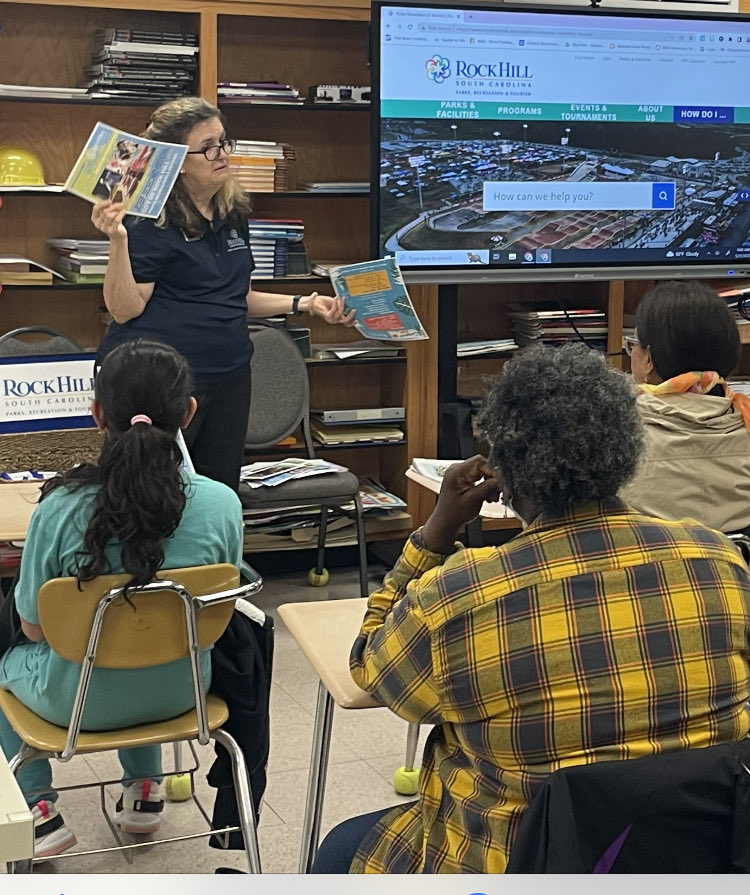 RHadulted's tweet photo. @RockHillSCCity Parks & Recreation marketing supervisor Laurie Helms connects @RHadulted ESL campers with recreational activities in our community. #KnowYourCommunity #ROCKSOLID @RockHillSchools https://t.co/fHeRMDi5io