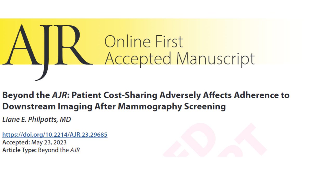 Andrew Rosenkrantz (@arosenkrantzmd) on Twitter photo New <a href="/AJR_Radiology/">AJR</a> Accepted Manuscript:
"Beyond the AJR: Patient Cost-Sharing Adversely Affects Adherence to Downstream Imaging After Mammography Screening"
By Dr <a href="/liane_philpotts/">Liane Philpotts</a> <a href="/YaleRadiology/">Yale Department of Radiology & Biomedical Imaging</a>
ajronline.org/doi/abs/10.221… New <a href="/AJR_Radiology/">AJR</a> Accepted Manuscript:
"Beyond the AJR: Patient Cost-Sharing Adversely Affects Adherence to Downstream Imaging After Mammography Screening"
By Dr <a href="/liane_philpotts/">Liane Philpotts</a> <a href="/YaleRadiology/">Yale Department of Radiology & Biomedical Imaging</a>
ajronline.org/doi/abs/10.221…