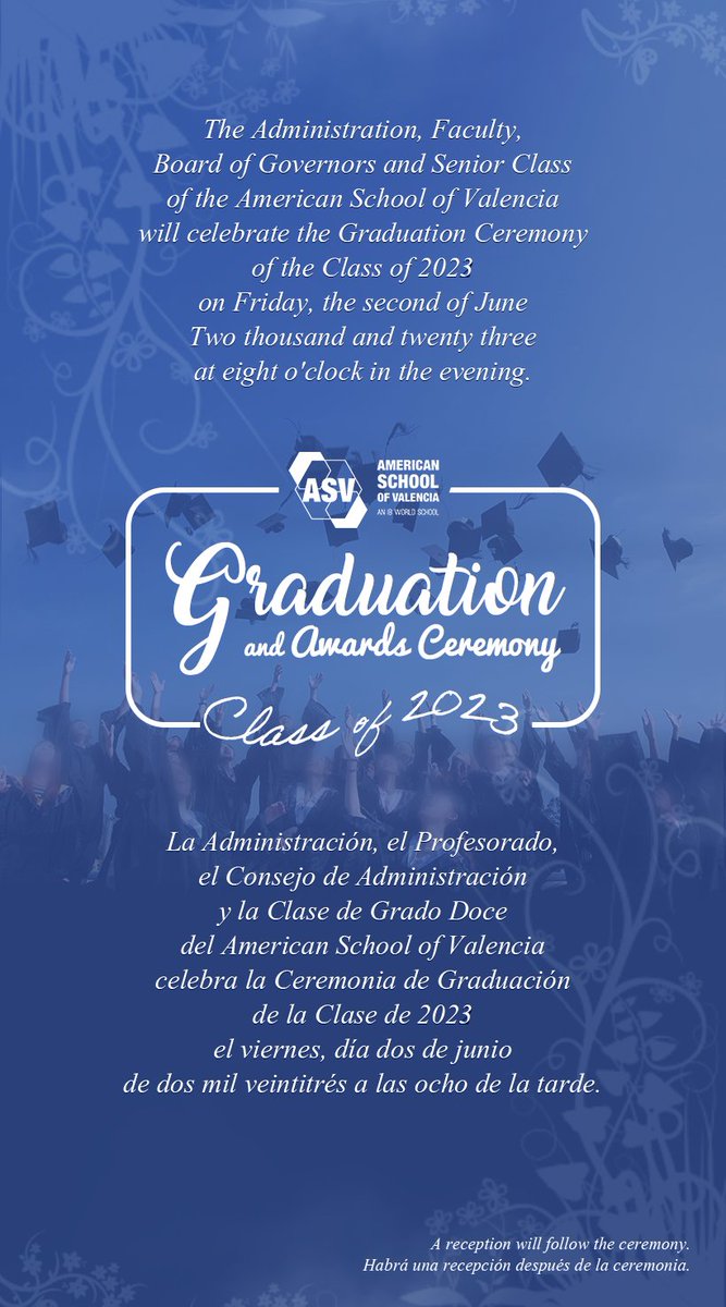 asvtweets's tweet photo. American School of Valencia va a acoger uno de los grandes momentos del curso académico: la ceremonia de graduación de la promoción 2023. Celebremos juntos este logro y deseemos a este nuevo grupo un brillante futuro como graduados del ASV. 🎓
#ASVClassof2023 #ASVCommunity https://t.co/7EZjdPz4Lo