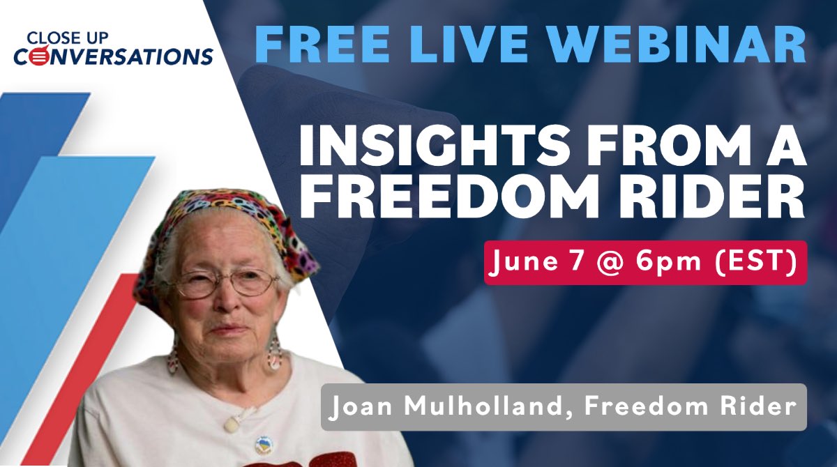 Join us next Wednesday for our Close Up Conversation with Freedom Rider Joan Mulholland, a veteran of lunch counter sit-ins for integration and the March on Washington in 1963. 

Register today to receive the link to join: bit.ly/3OQgaMq #CloseUpDC #FreeWebinar