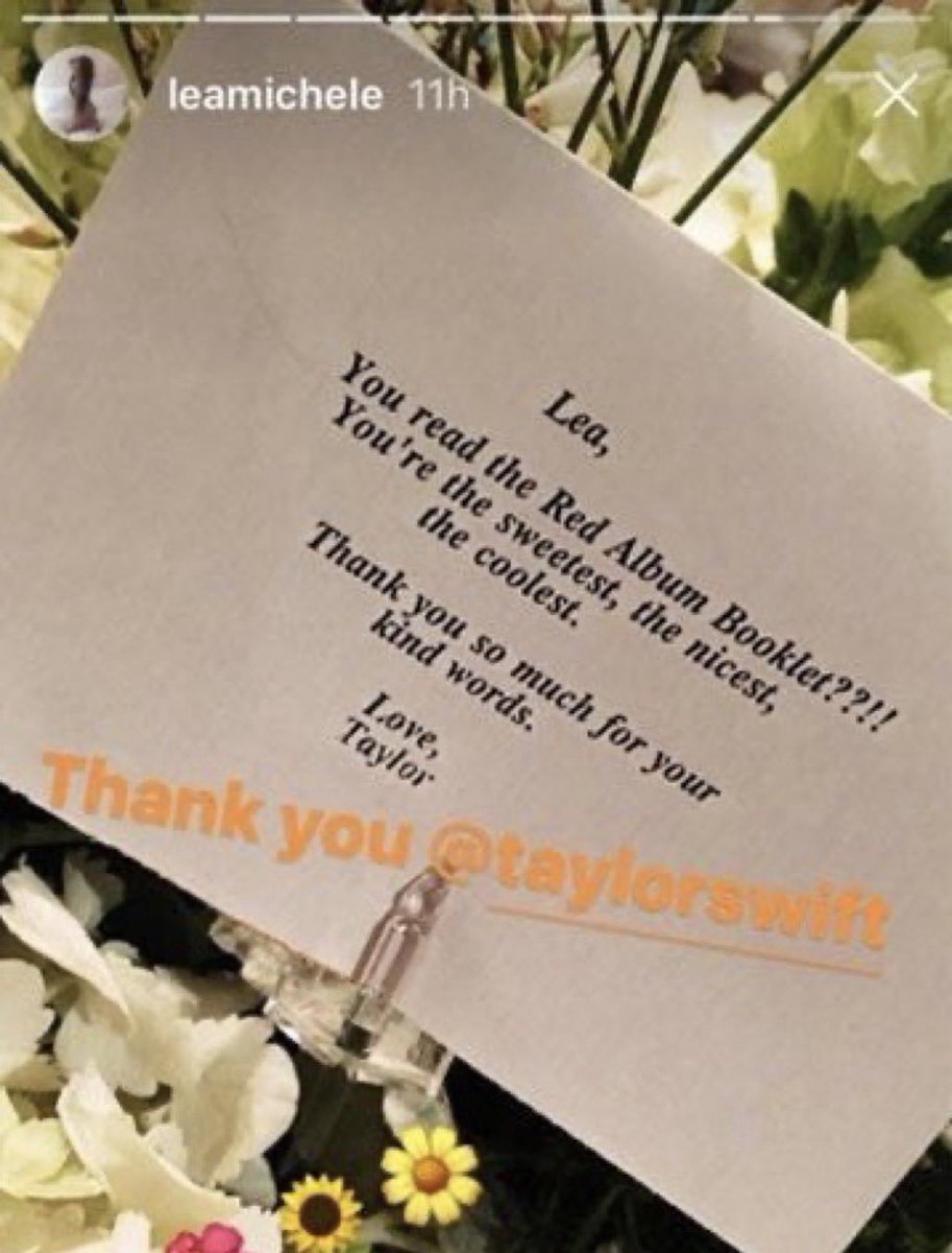 midnightstrack2's tweet photo. remember when taylor swift sent lea michele flowers and a note to congratulate her on reading the red album booklet 😭 https://t.co/cC0Lmc0Dof