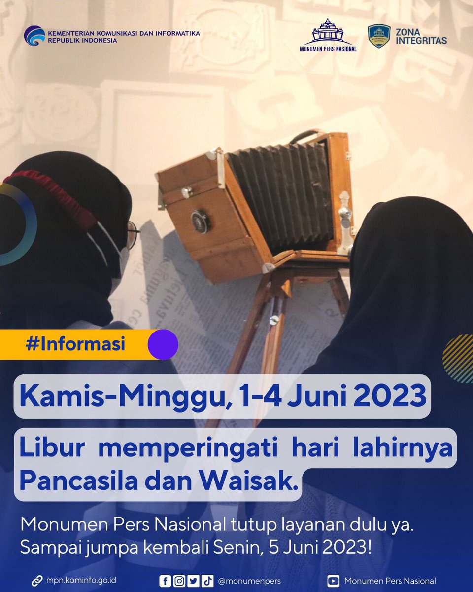 monumenpers's tweet photo. Halo #SobatMonpers di manapun kamu berada.
Monumen Pers Nasional Surakarta izin libur dulu ya, untuk memperingati hari Pancasila dan Waisak.
Setelah tanggal 4, Monumen Pers Nasional akan buka seperti biasa. Sampai jumpa di tanggal 5!
#InfoMonpers #MonumenPersNasional https://t.co/biCG8twt61