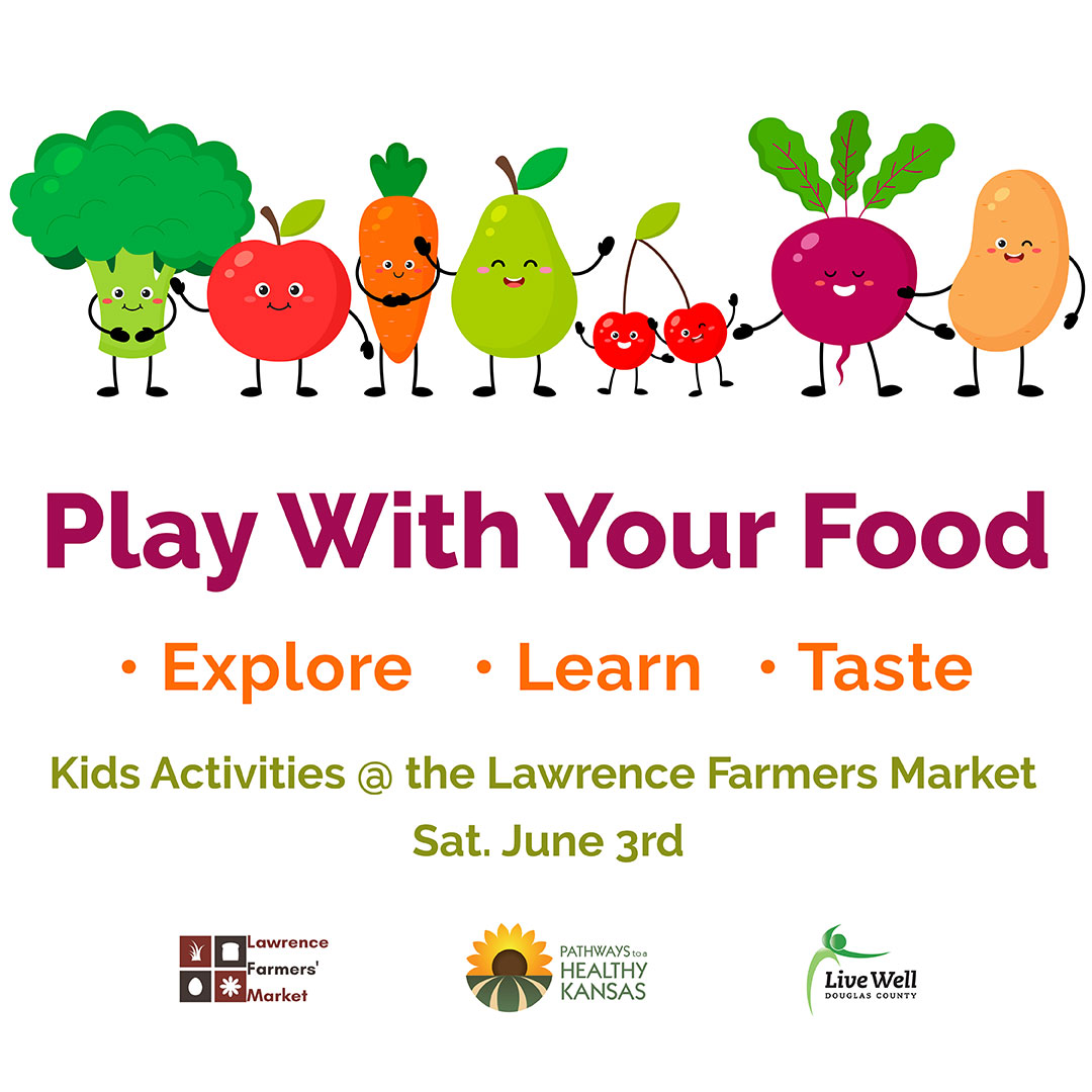 Mark your calendar — This Saturday's Play With Your Food at the Lawrence Farmers Market will feature Learning how to Eat a Rainbow, Exploring Painting a Garden Rock, and Tasting a Rainbow Smoothy by your kiddo riding a Blender Bike. Sounds like fun!