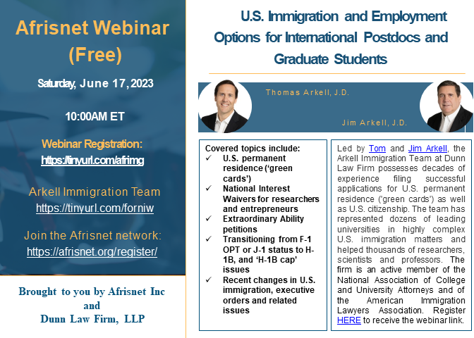 Thinking about applying for a green card? H1B? OPT? What happens after your J-1? Register and attend this free Afrisnet webinar and receive FREE information and advice from successful and practicing lawyers! Free and open to everyone. Register: tinyurl.com/afrimg.