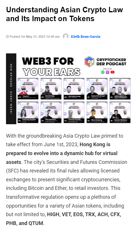 eisenreich's tweet photo. Hong Kong's push to become a global #Web3 hub begins on June 1st when retail investors gain access to licensed #crypto trading platforms. 🪙

Share if you think #VeChain should be on the list of tradable assets! 📢

https://t.co/VTtkrc6yEk

#VeChain $VET #Blockchain #Tech https://t.co/IGixnyusdK