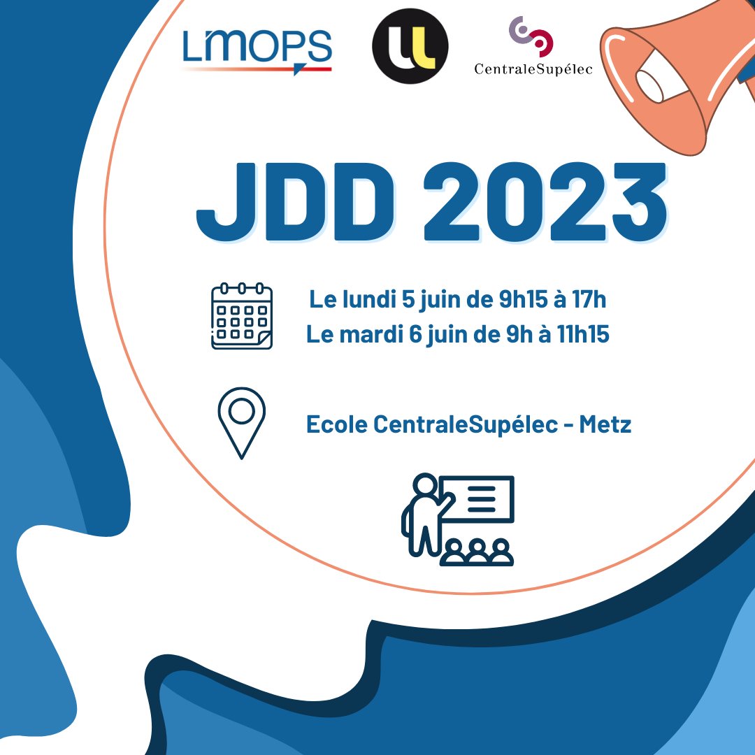 Lab_MOPS's tweet photo. 📣 Journée Des Doctorants 2023 📣

Les Journées Des Doctorants 2023 du LMOPS se tiendront les 5 et 6 juin prochains, dans les locaux de l’école Centrale Supélec à Metz ! https://t.co/1tnZWYw8gC