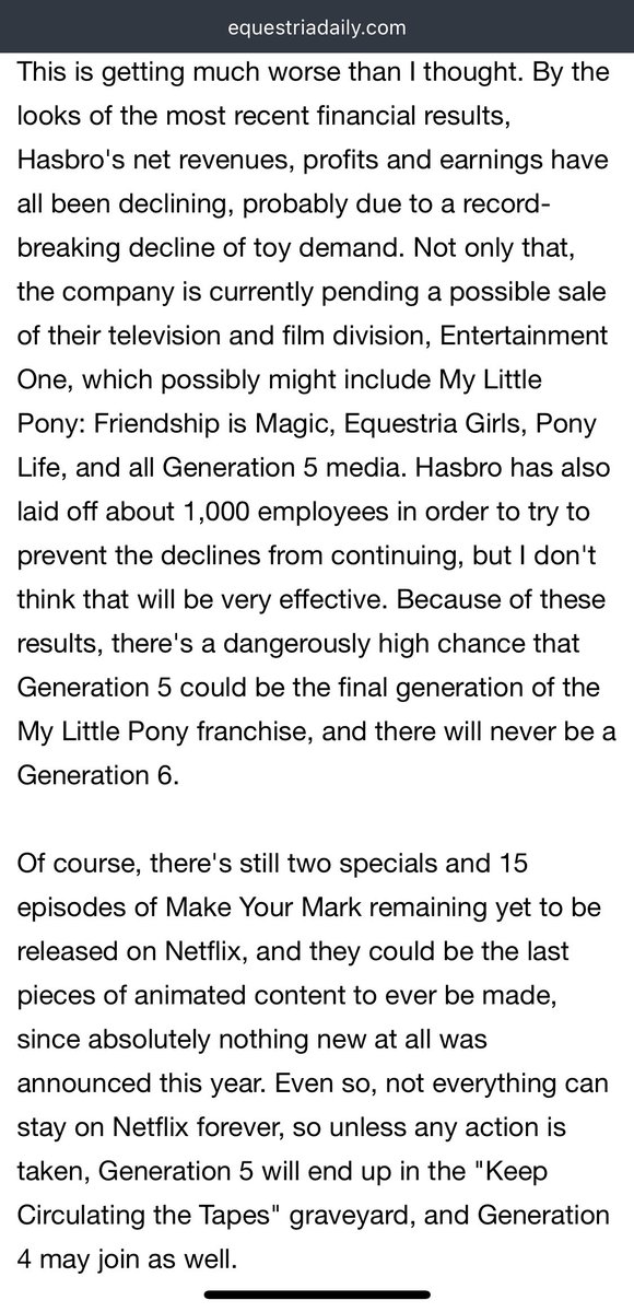Mixmaster226's tweet photo. Gee, @EquestriaDaily, it’s almost like I knew this might happen, what with @Hasbro bringing MLP and themselves to ruin as they have. That’s partly why the Save MLP campaign exists.
#MyLittlePony #MLP #ReviseMLPSeason9 #SaveMLPSeason9 #SaveEquestriaGirls #RebootG4Merch #SaveMLP https://t.co/4k84aroo1f