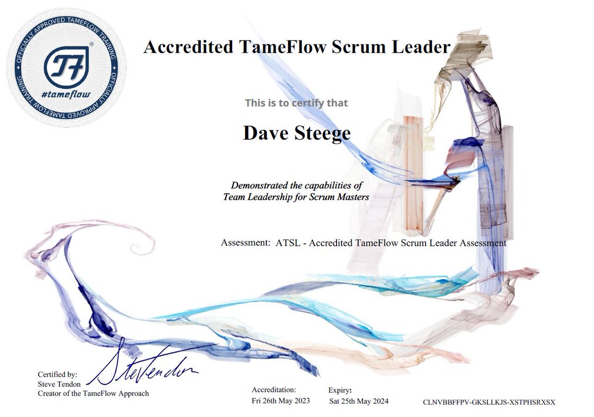 Excited to be accredited! Flow is the next evolution of agility and this TameFlow pattern is a great way to bootstrap yourself. Thank you <a href="/tendon/">Steve Tendon</a> and <a href="/MATH1009/">Thabet Mabrouk</a> for offering the accreditation path. @grayofmadison, thank you for getting me involved on this journey. #tameflow #agile