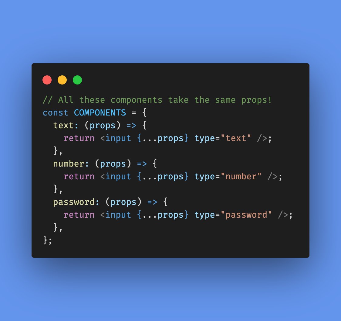 mattpocockuk's tweet photo. Let's imagine that we have a set of components that all take in the same props.

How the hell do you type this?

Turns out, it's a REALLY nice use of 'satisfies'.

🧵 https://t.co/IQKs4OFXDb