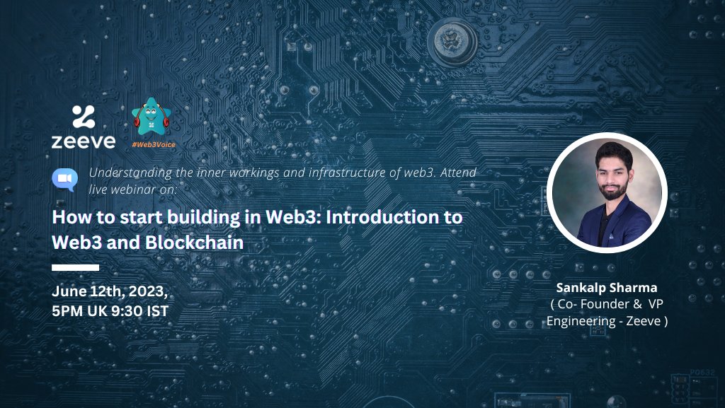 0xZeeve's tweet image. On the 12th of June, Sankalp Sharma, our co-founder &amp;amp; VP of Engineering, will expound on “How to start building in Web3: Introduction to Web3 and Blockchain.” 🌟

🔗 t.ly/RM9It 👈🏾
⌚ 12th June, 5 PM UK / 9:30 PM IST

#Web3Beginners #BlockchainIntro #Web3Education