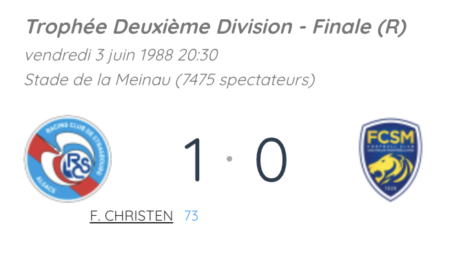 1RacingDatabase's tweet photo. 𝐋𝐞 𝐦𝐚𝐭𝐜𝐡 𝐝𝐞𝐬 𝐜𝐡𝐚𝐦𝐩𝐢𝐨𝐧𝐬 👑

📆🔙 Le 3 juin 1988, le @RCSA bat Sochaux dans le match des champions, et s'offre le deuxième titre de champion de D2 de son histoire après 1977.

⚽️ Christen (73')

👉  https://t.co/11XAfV7bXF

#LiveRCS | #RacingDataback https://t.co/S637eyU2D3