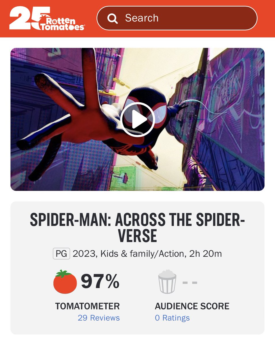 ‘ACROSS THE SPIDER-VERSE’ debuts at 97% on Rotten Tomatoes from 29 reviews.

Read our review: bit.ly/AcrossTheDF