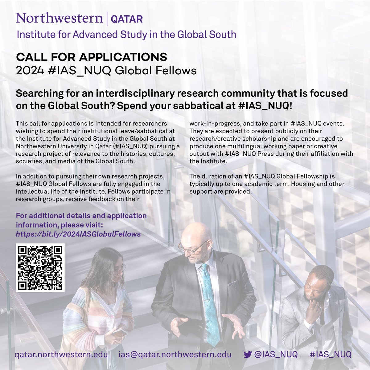 CALL FOR APPLICATIONS: 2024 #IAS_NUQ GLOBAL FELLOWS Searching for an interdisciplinary research community that is focused on the Global South? Spend your sabbatical at #IAS_NUQ! Housing and other support provided. Deadline: July 15, 2023. View details: bit.ly/2024IASGlobalF…