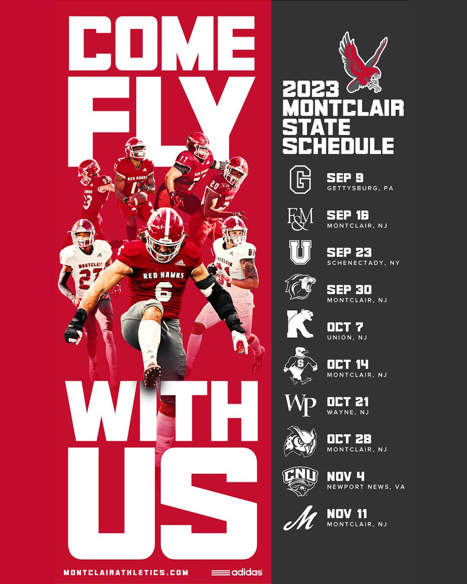 montclairstateu's tweet photo. Start planning your tailgates NOW &amp; #ComeFlyWithUs 🏈🌭

First look at the @Montclair_FB 2023 schedule 🔥

@msuredhawks | #RedHawkPride https://t.co/yQfyUWIxXz
