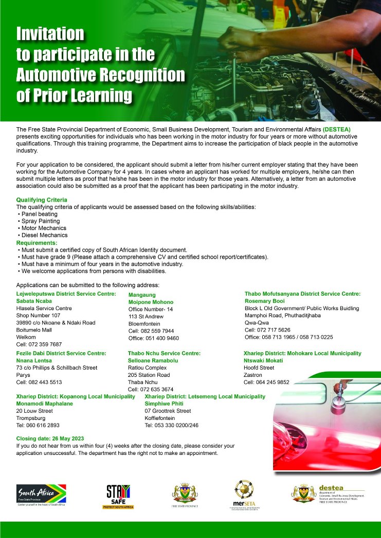 fsgov's tweet image. URGENT NOTICE 🚨

DESTEA Is Offering An Exciting Opportunity For Free State Youth.

Be advised the the closing date has been moved to Friday,  02 June 2023.  #makingyourfutureworkbetter