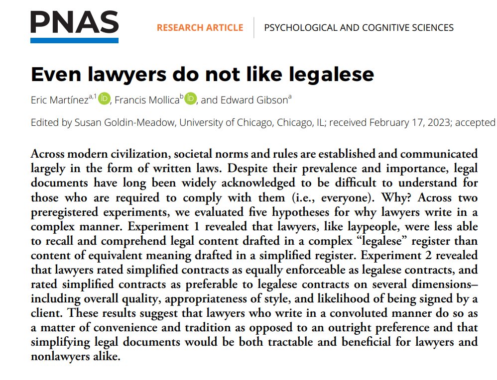 New paper in PNAS: “Even lawyers don’t like legalese.” With Frank Mollica and @LanguageMIT. Article here: tedlab.mit.edu/tedlab_website… @MIT News story here: news.mit.edu/2023/new-study… 🧵 1/