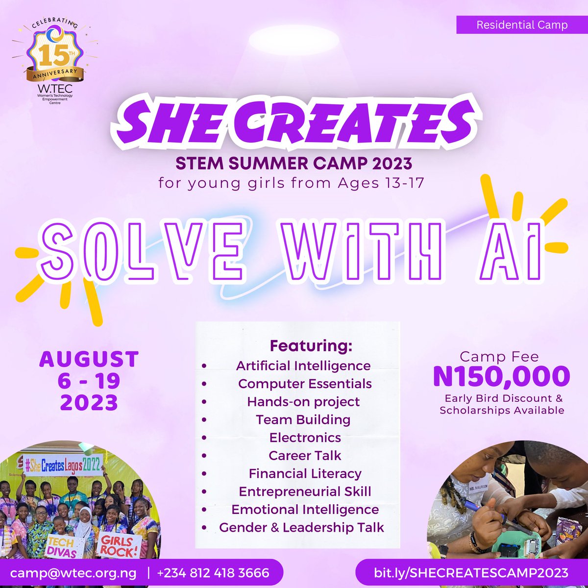 EARLY BIRD REGISTRATION IS ONGOING!

 Are you on the look for an amazing Summer experience for your female teenagers? We got you covered!

Our SHE CREATES (#STEM) #SUMMERCAMP is a 2-week residential camp in Lagos for young girls. The camp is a perfect blend of fun and learning.