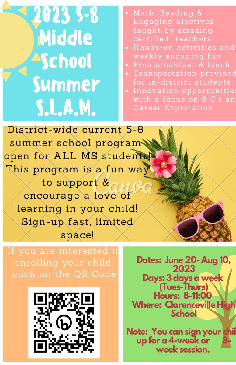 Clarenceville Families....We are still registering for Summer SLAM!! Please register using the QR code on the flyer below: